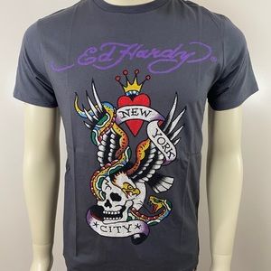 Ed Hardy Charcoal Gray Short Sleeve Tee with Multicolor Tattoo Skull Graphic
